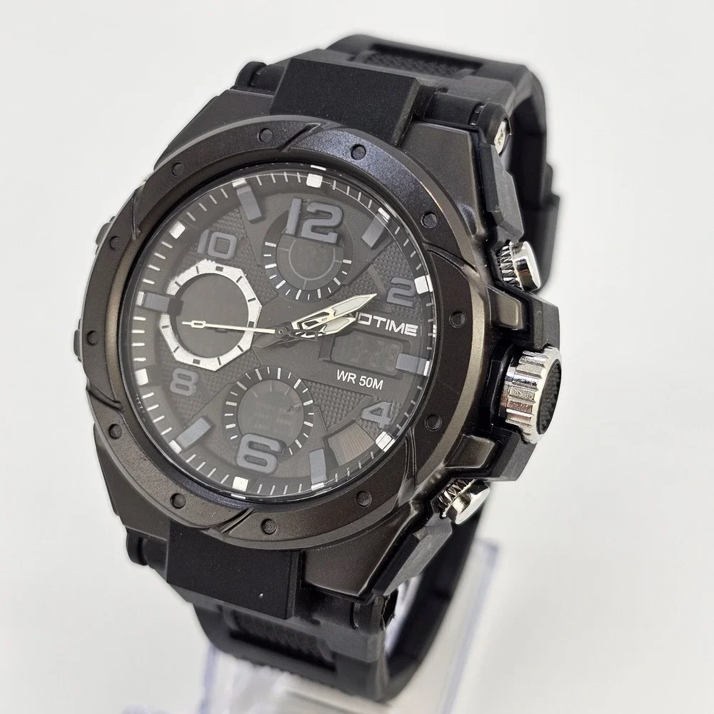 Findtime Men's Analog Digital Sports Watch 45MM Black Plastic Bands New Battery